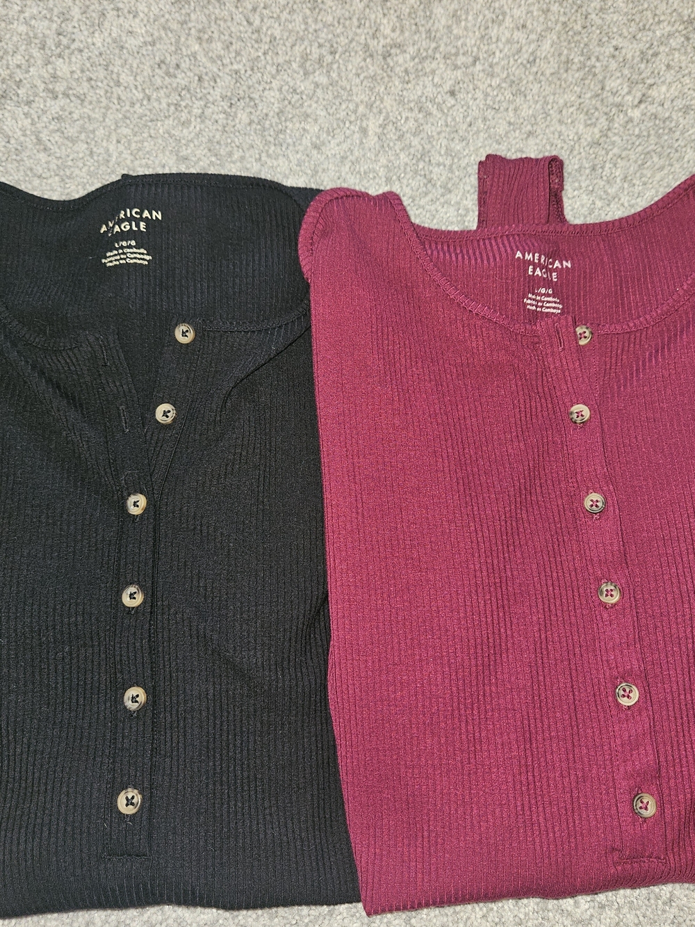 American Eagle Outfitters Black & Burgundy Ribbed Button-Front V-Neck Bodysuits